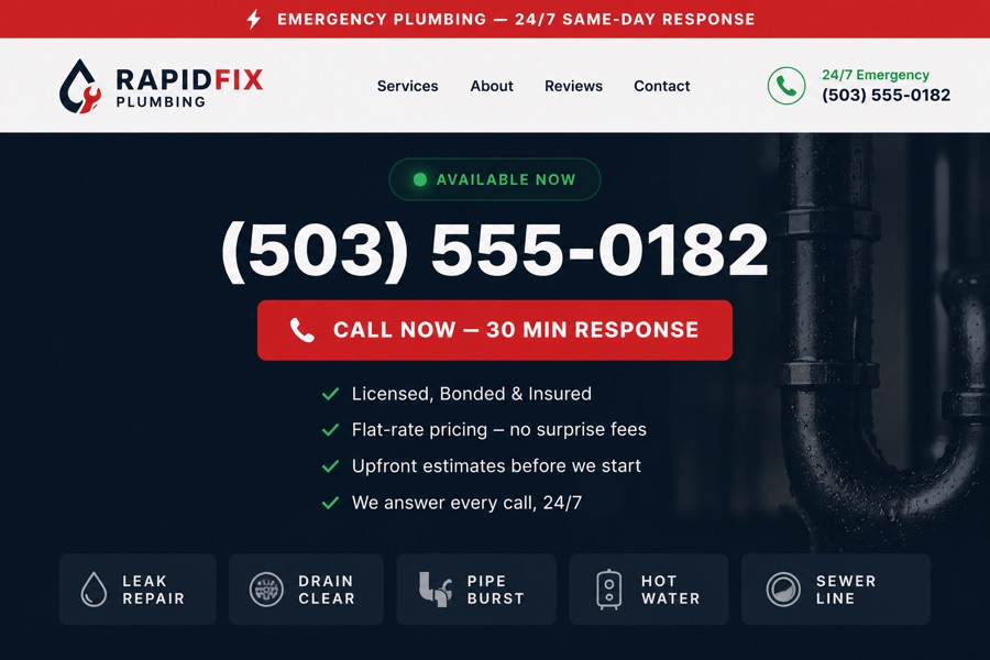 RapidFix Plumbing — emergency phone-first website with 24/7 availability