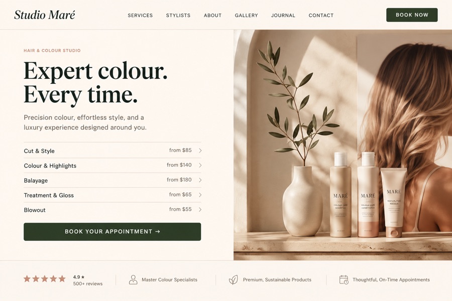 Studio Maré hair salon — editorial split layout with service menu and booking CTA